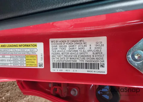 2025 Honda Civic Sport from USA, damaged, VIN 2HGFE2F52SH575498